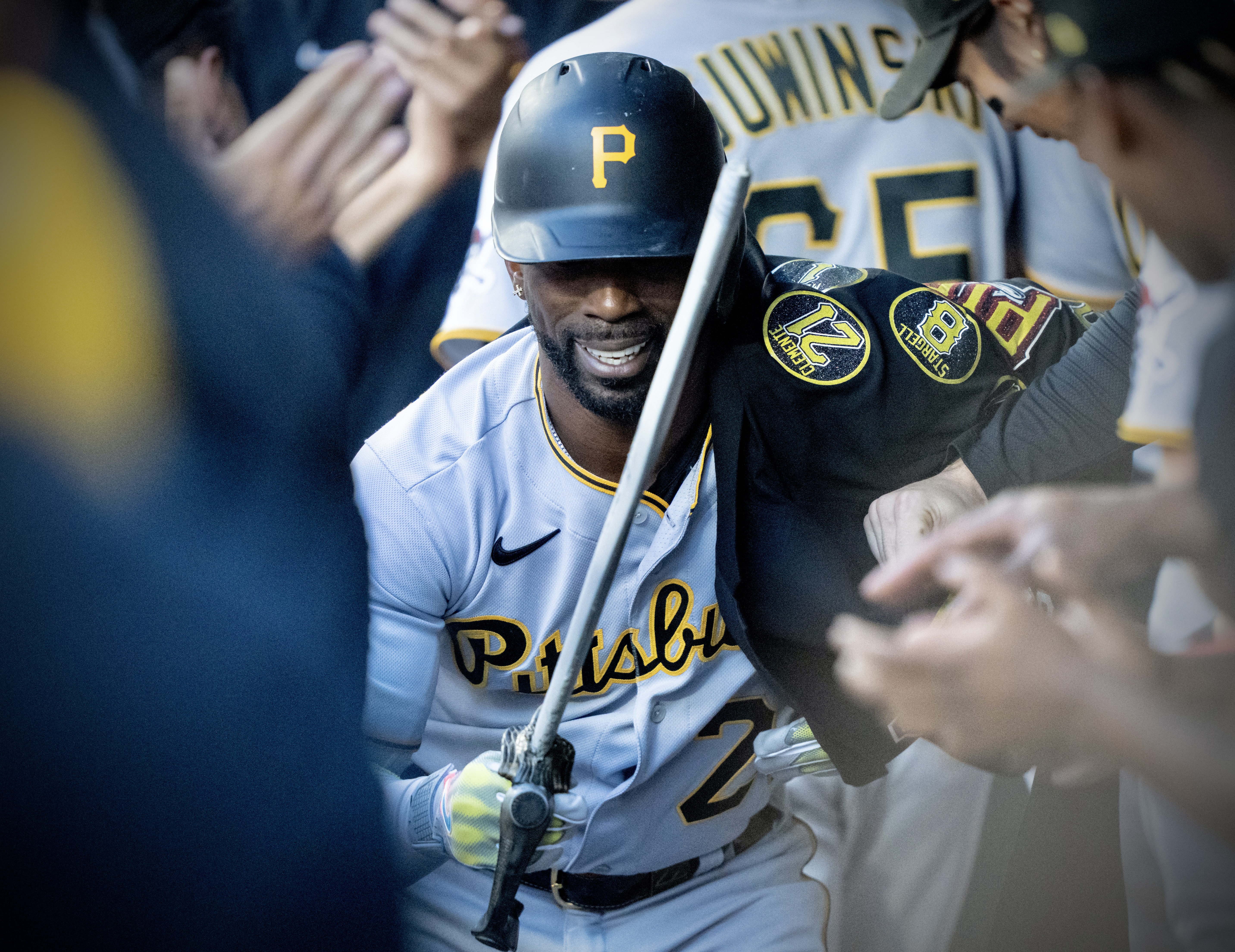 Ji Man Choi of the Pittsburgh Pirates celebrates with Carlos Santana  News Photo - Getty Images