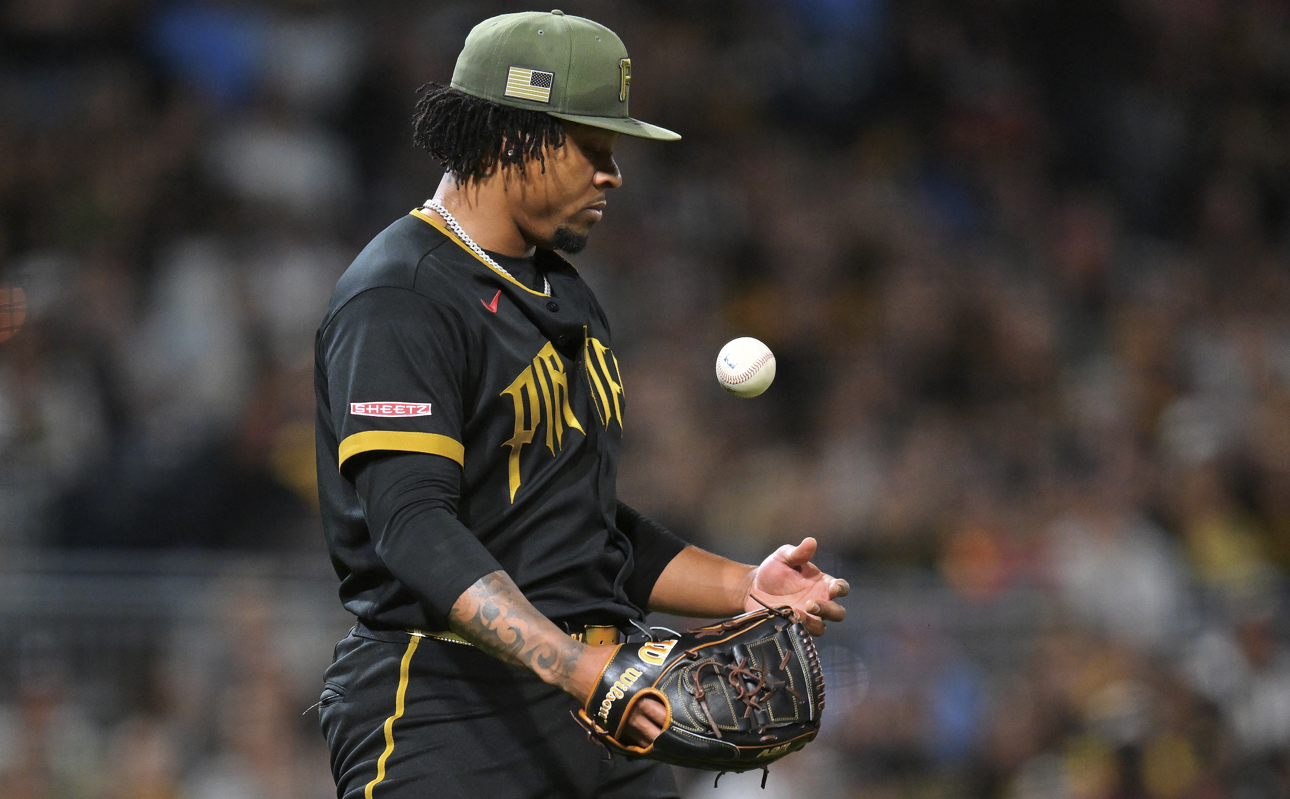 Gregory Soto reacts after a ninth-inning walk Friday night at PNC Park.