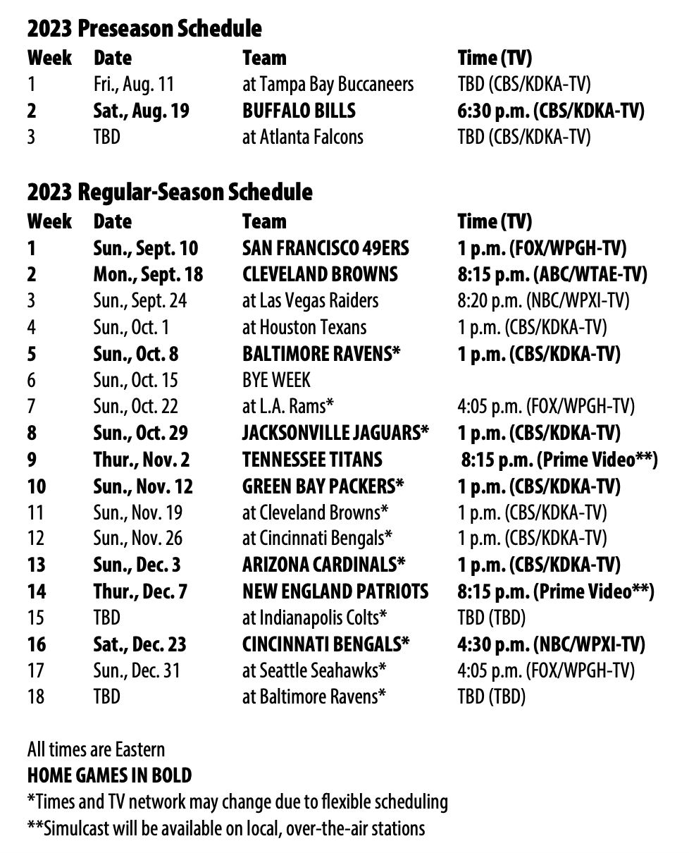 Full Steelers Schedule for 2023-24 NFL Season (Home/Away Games, Primetime  Matchups and Week 1 Opponent)
