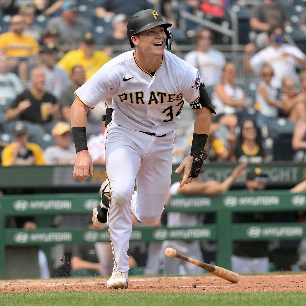 Henry Davis smiles upon dropping the tiebreaking single into shallow right field.