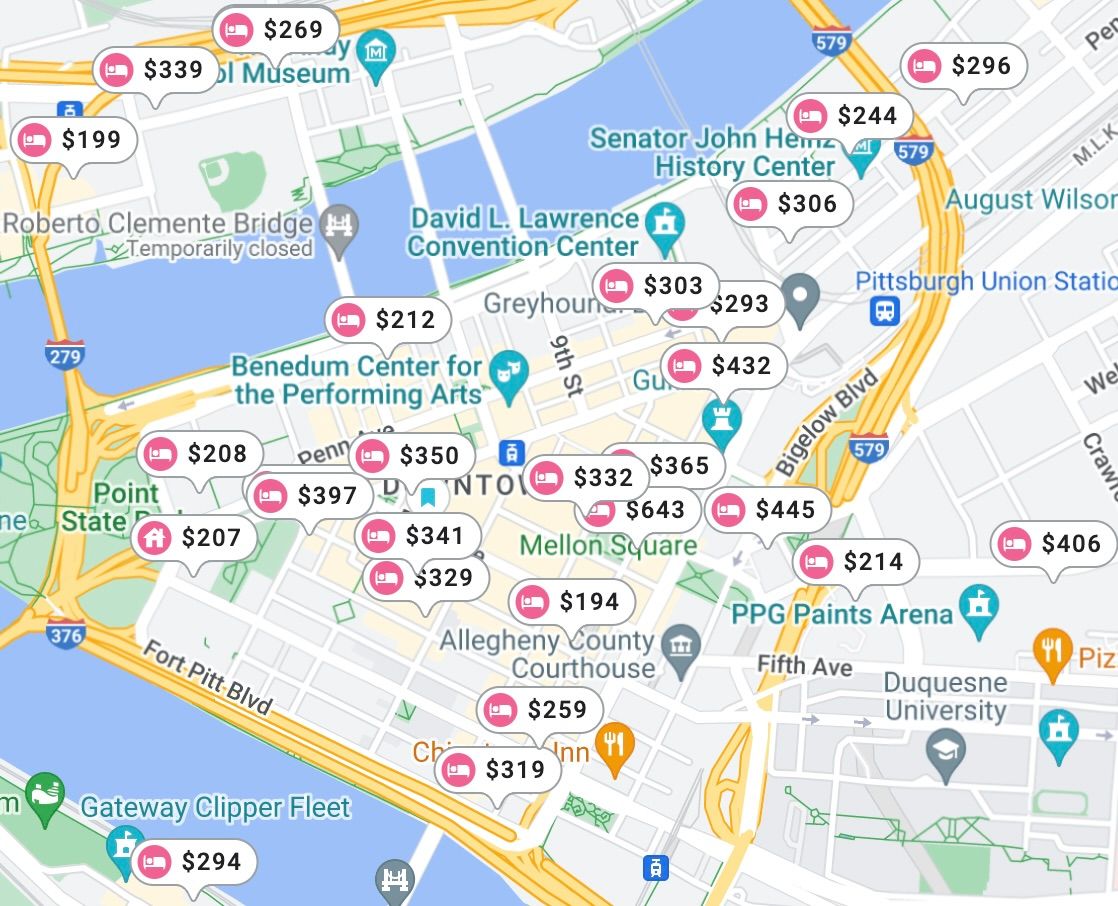 Hotel rates for Downtown Pittsburgh, as of Friday night.