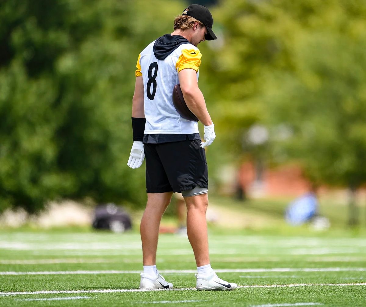 Kenny Pickett pauses between drills Sunday in Latrobe, Pa.