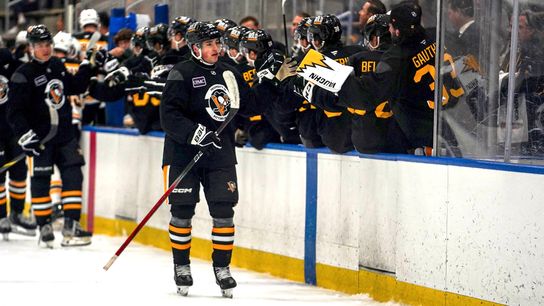 Tristan Broz in his Penguins debut in the Prospects Challenge on Friday in Buffalo, N.Y.