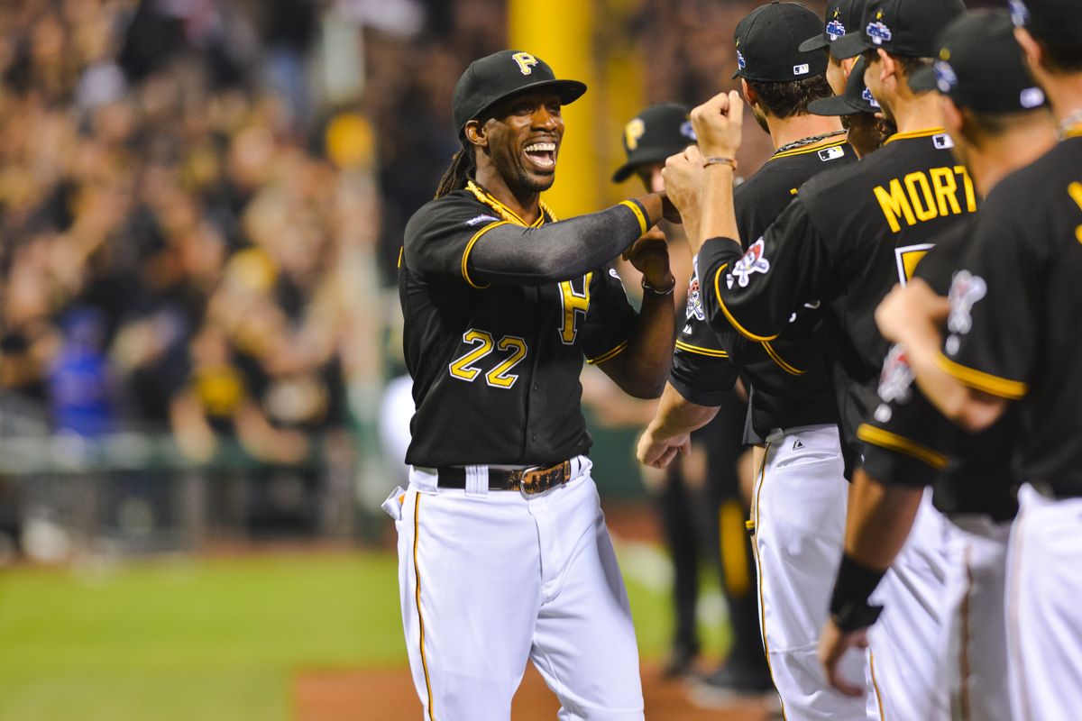 Andrew McCutchen walks down the line during introductions for the 2013 Wild Card game at PNC Park.