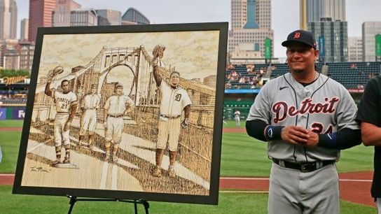 Miguel Cabrera is presented a painting in his final trip to PNC Park.