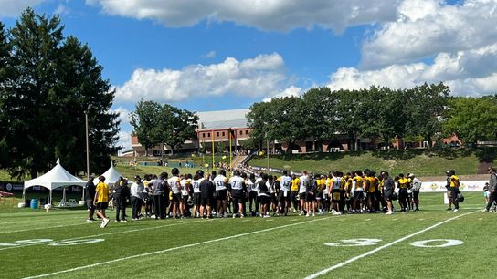 The Steelers huddle at the end of practice on Thursday at Saint Vincent College in Latrobe, Pa.