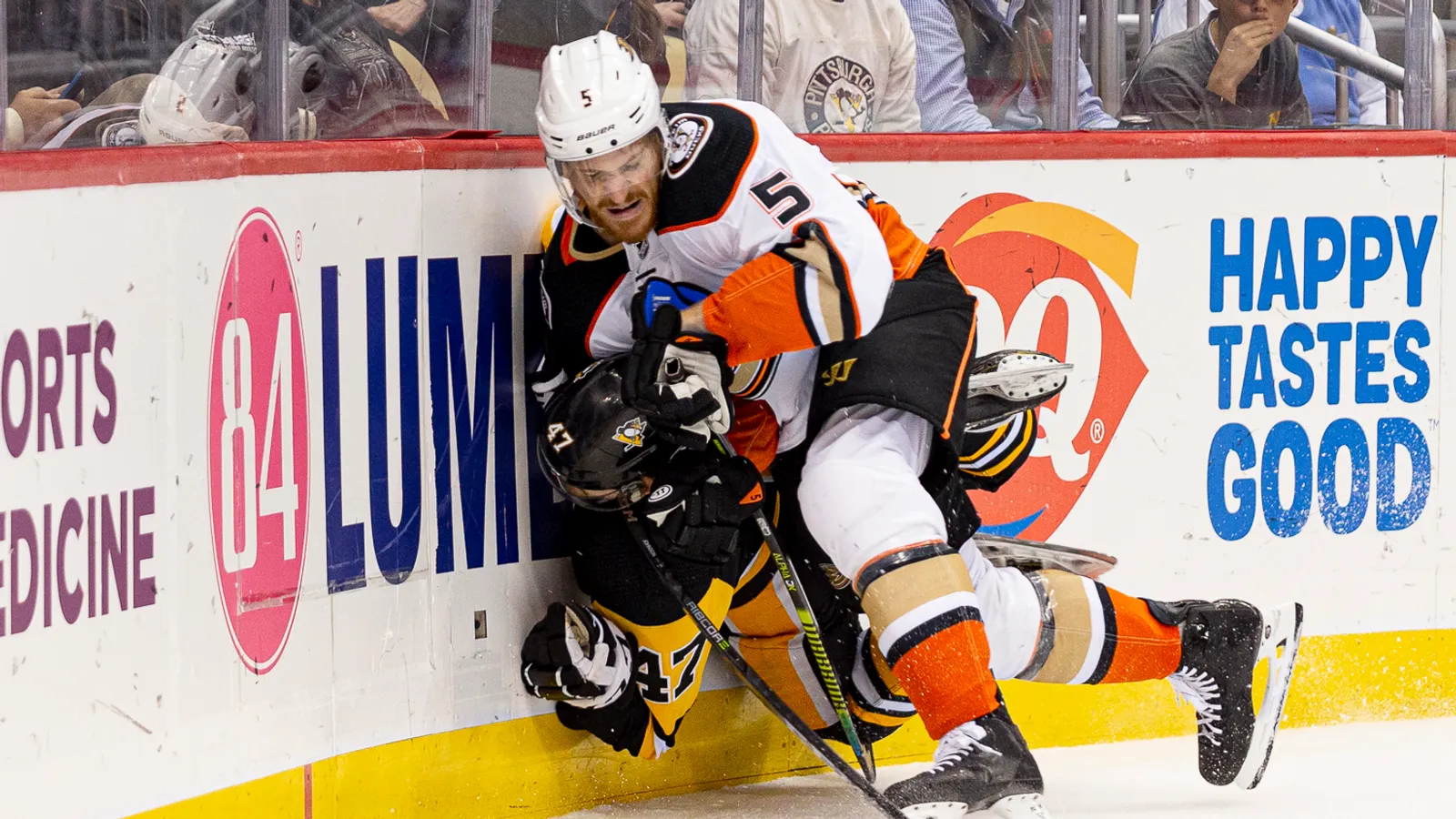 No call after Johnson boarded, Blueger drops gloves taken at PPG Paints Arena (Courtesy of Point Park University)