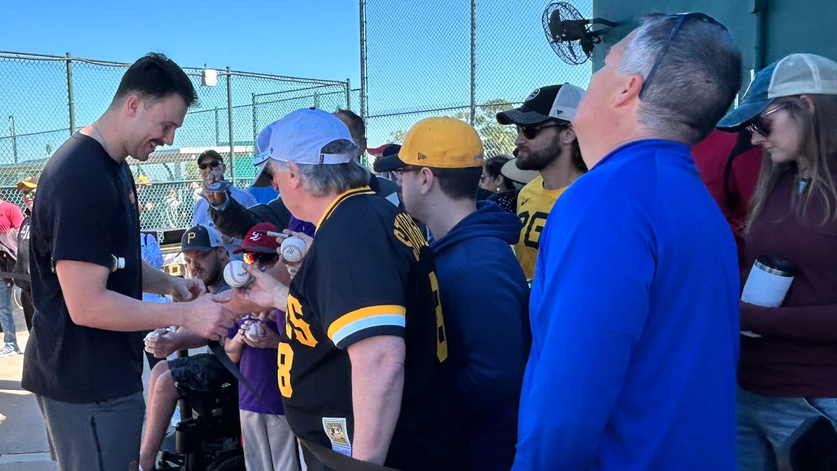 Paul Skenes signs autographs for fans at Pirate City in Bradenton. 